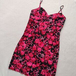 Vtg Y2K Alyn Paige Pink Black Floral Bodycon Dress 11/12 L Sexy Mini